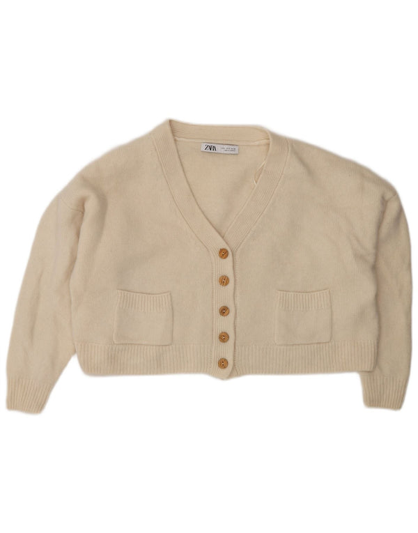Zara Womens Crop Oversized cardigan sweater UK 10 Small Beige Uld