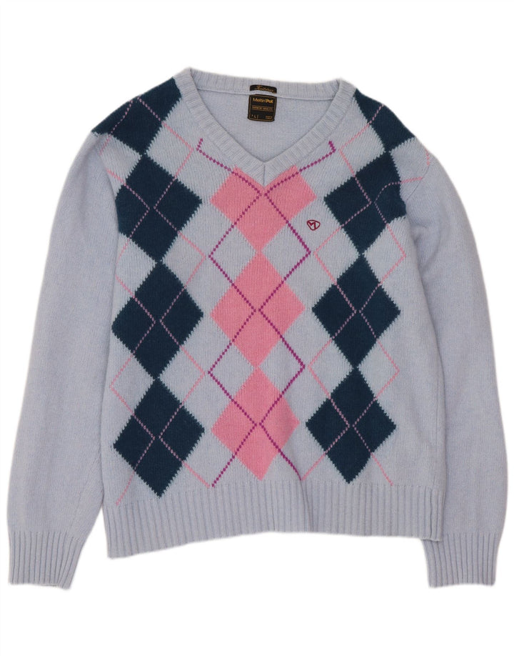 Meltin' Pot Dame V-hals trøje Sweater Large Blue Argyle/Diamond Wool