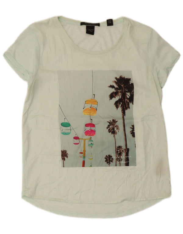 Maison Scotch Dame Grafisk T-Shirt Top UK 12 Medium Grøn Polyester