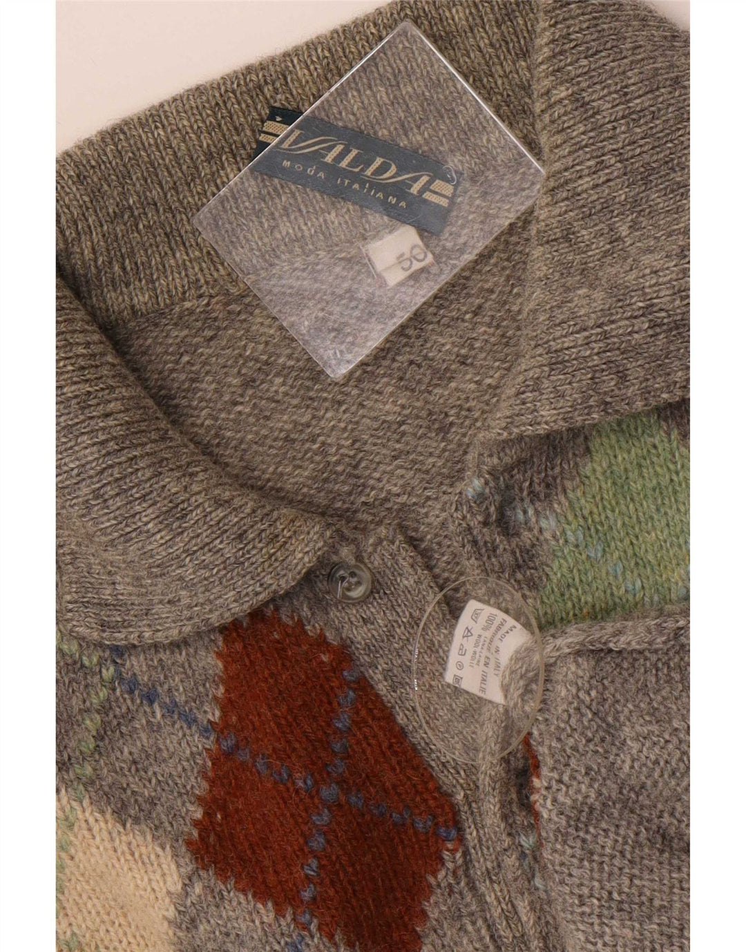 Vintage Herre Polo Neck Jumper Sweater IT 50 Medium Grey Argyle/Diamond Wool