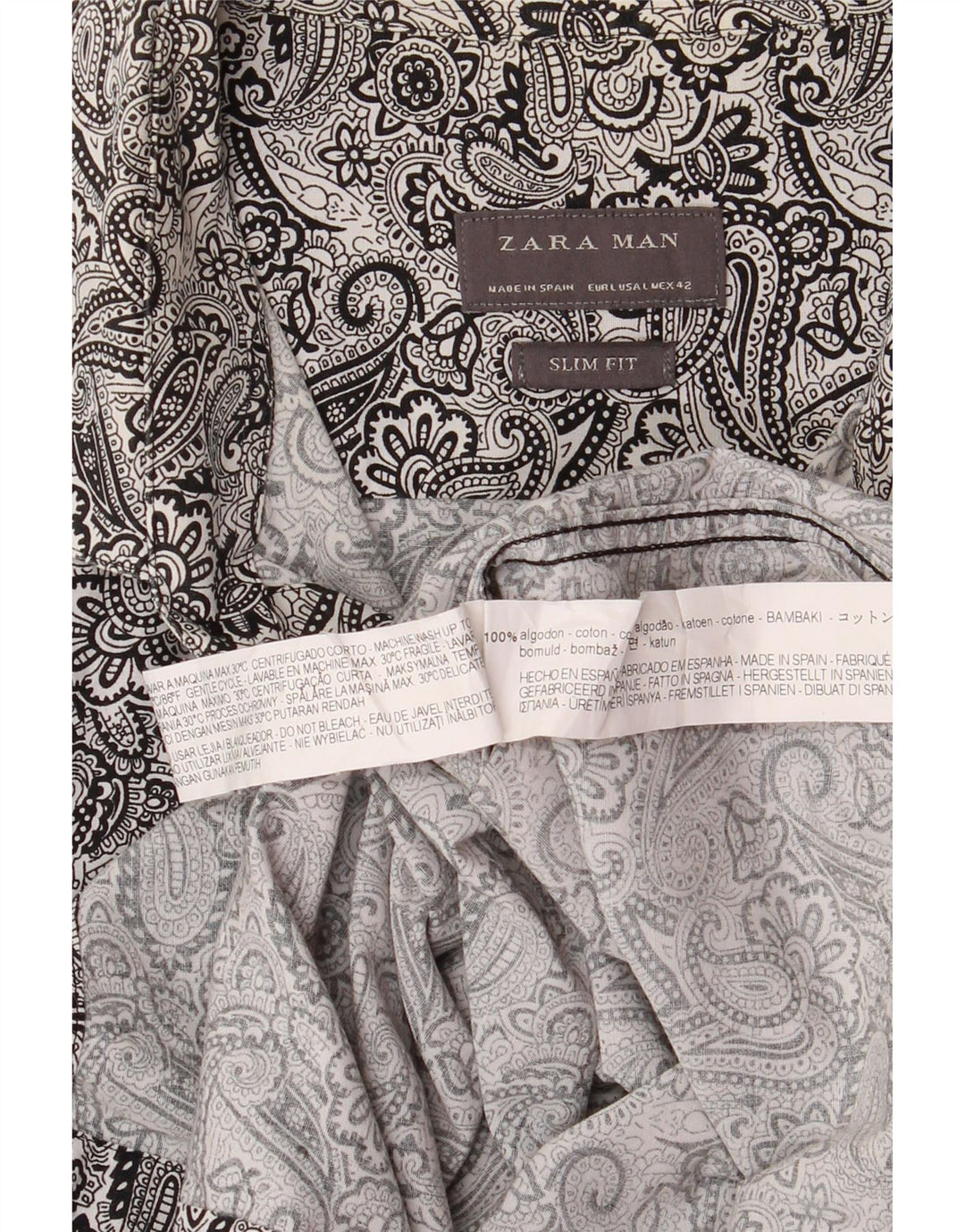 Zara Herre Slim Fit Skjorte Stor Grå Paisley Bomuld