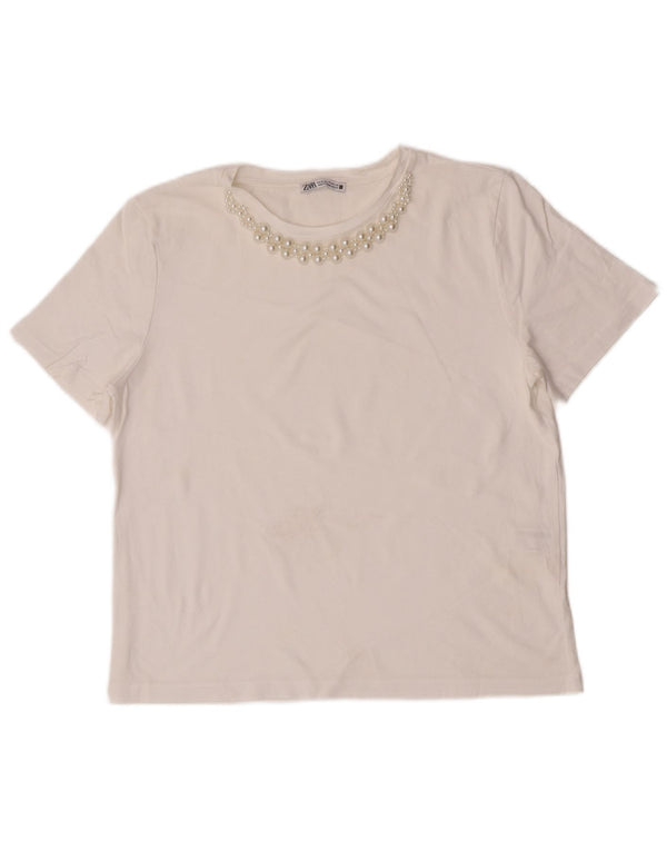 Zara Dame T-Shirt Top UK 14 Medium Hvid Bomuld