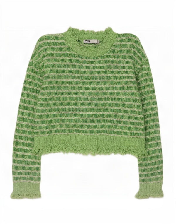 Zara Womens Crop Turtle Neck Jumper Sweater UK 10 Small Green Striped