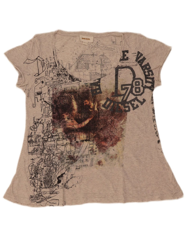 Diesel Dame Grafisk T-Shirt Top UK 12 Medium Grå Flecked
