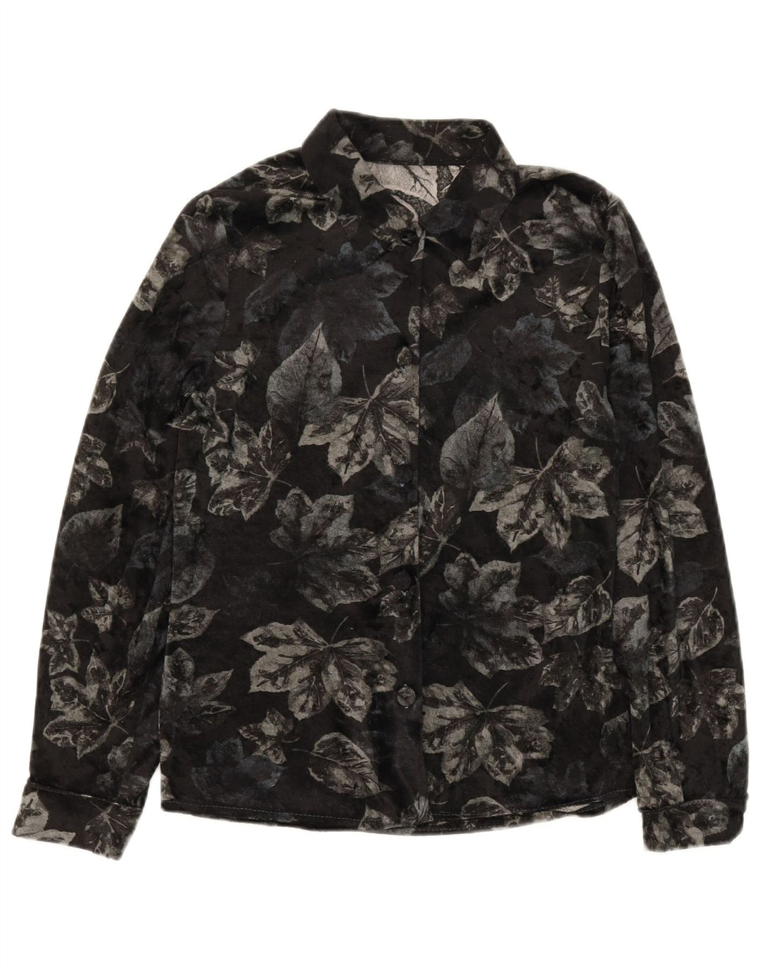 VINTAGE Womens Velour Shirt IT 42 Medium Black Floral Polyester