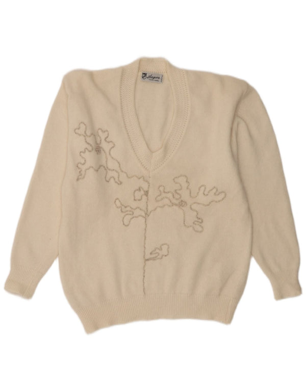 Vintage kvinders abstrakt mønster V-hals sweater UK 16 Large White