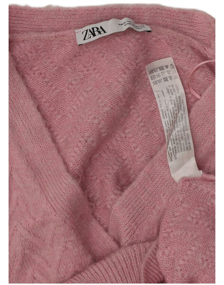 ZARA Womens Crop Cardigan Sweater UK 14 Medium Pink Chevron Acryl