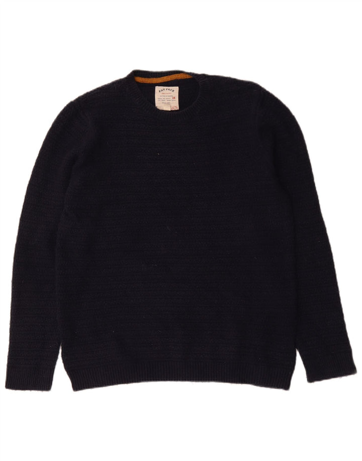 Fedt ansigt herre rund hals sweater mellem marineblå bomuld