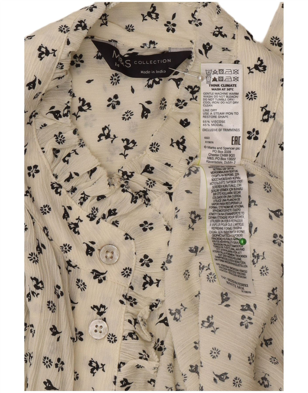 Marks & Spencer Dame Oversized skjortebluse UK 14 Large Off White Floral