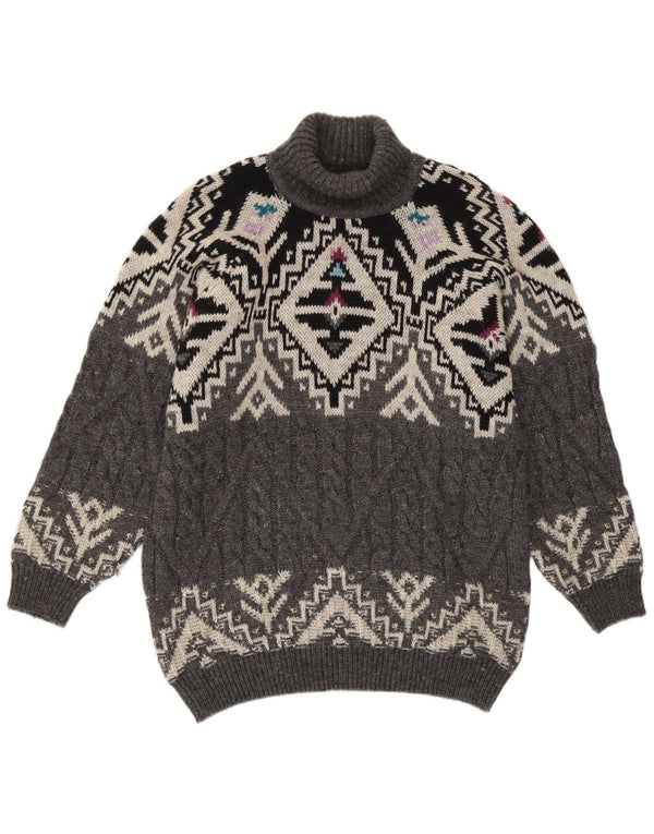 Vintage Dame Roll Neck Jumper Sweater UK 14 Medium Grey Fair Isle Wool