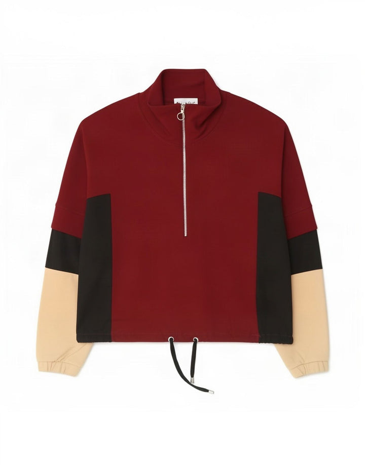 Zara Womens Zip Neck Pullover Træningsdragt Top UK 14 Medium Burgundy