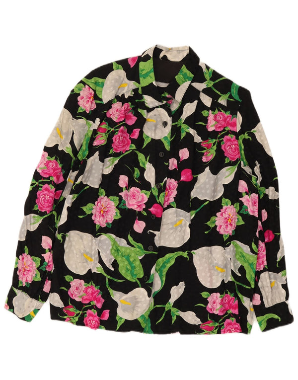 Vintage dameskjorte bluse UK 16 Large Black Floral