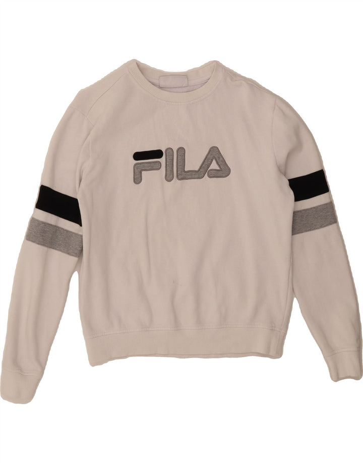 FILA Womens Graphic Sweatshirt Jumper UK 10 Small White Cotton Vintage Fila and Second-Hand Fila from Messina Hembry 