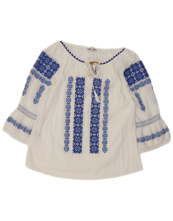 Vintage Dame 3/4 ærmet bluse Top UK 16 Stor Hvid Geometrisk Etnisk