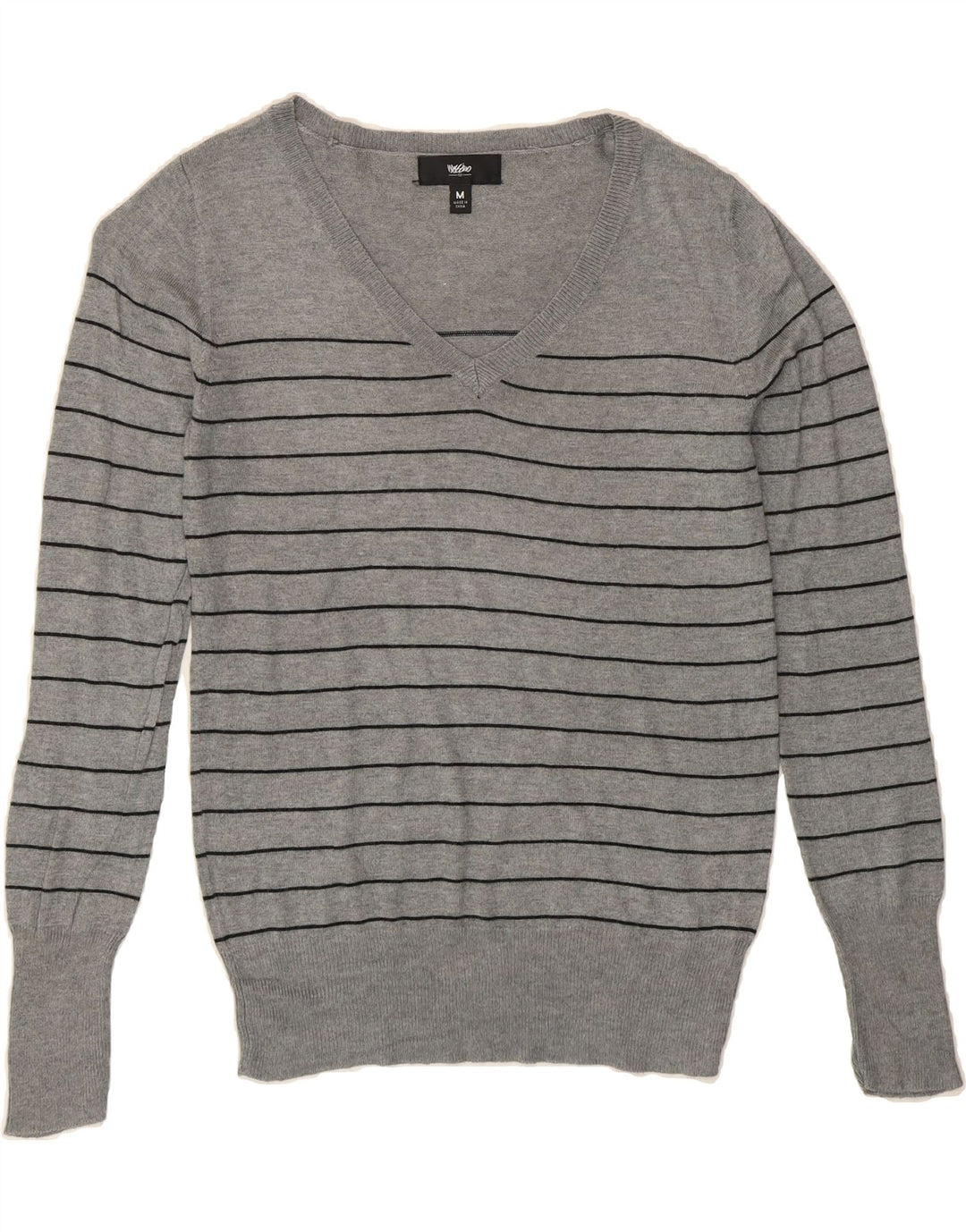MOSSIMO Womens V-Neck Jumper Sweater UK 14 Medium Grey Striped Nylon Vintage Mossimo and Second-Hand Mossimo from Messina Hembry 