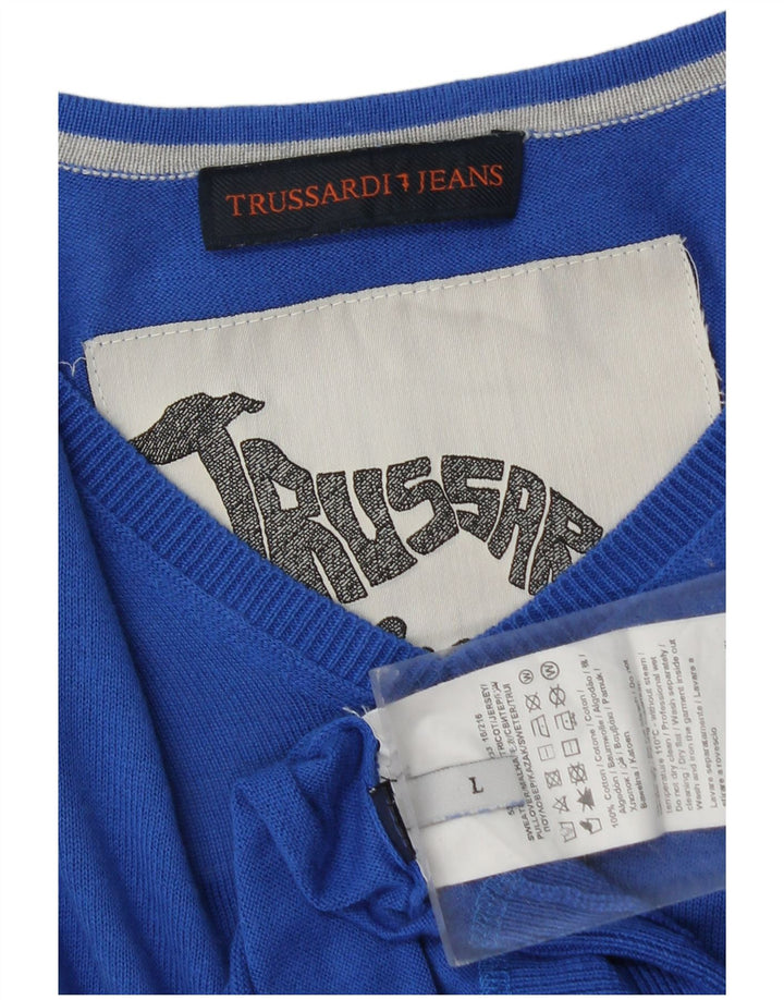 TRUSSARDI JEANS Mens V-Neck Jumper Sweater Large Blue Cotton