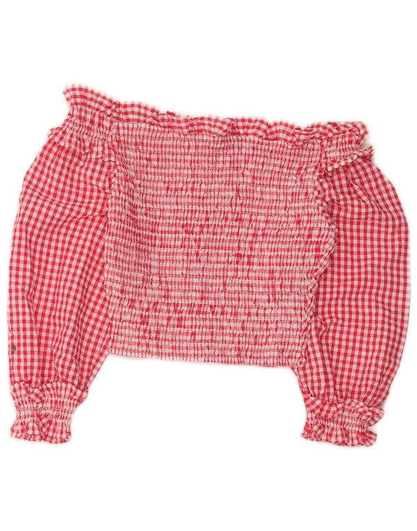 Zara Womens Crop 3/4 ærme off Shoulder Top UK 4 XS Red Gingham Polyester