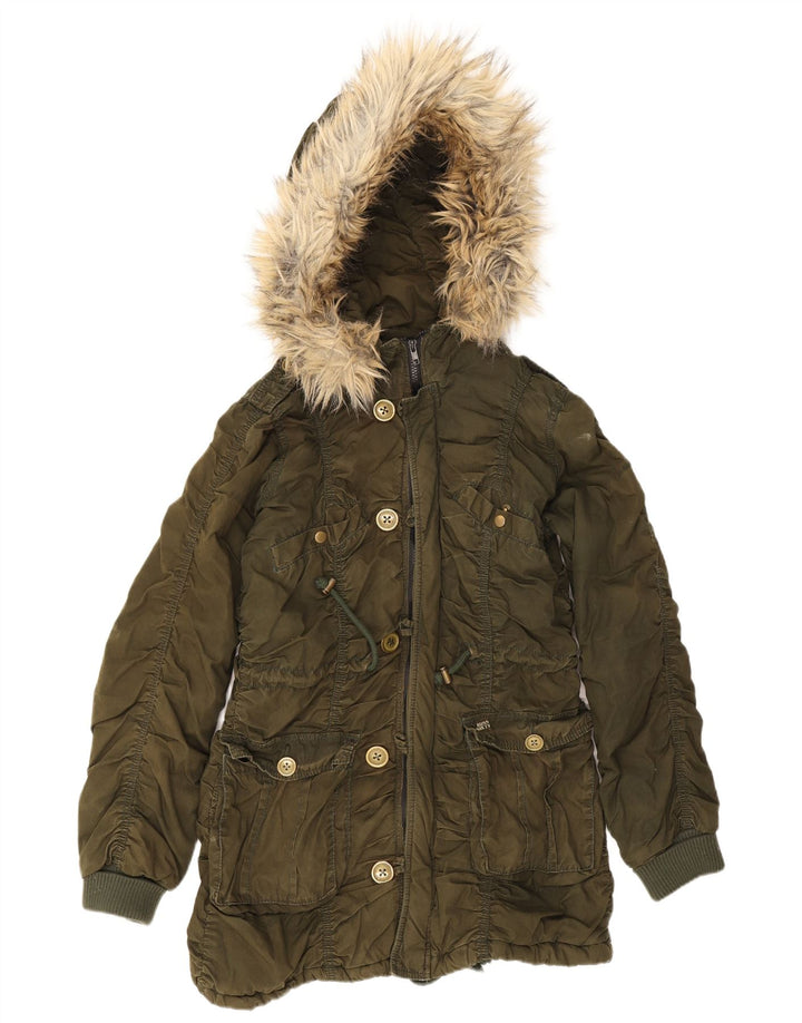 Miss Sixty Dame Hooded Parka Jacket UK 12 Medium Khaki Cotton