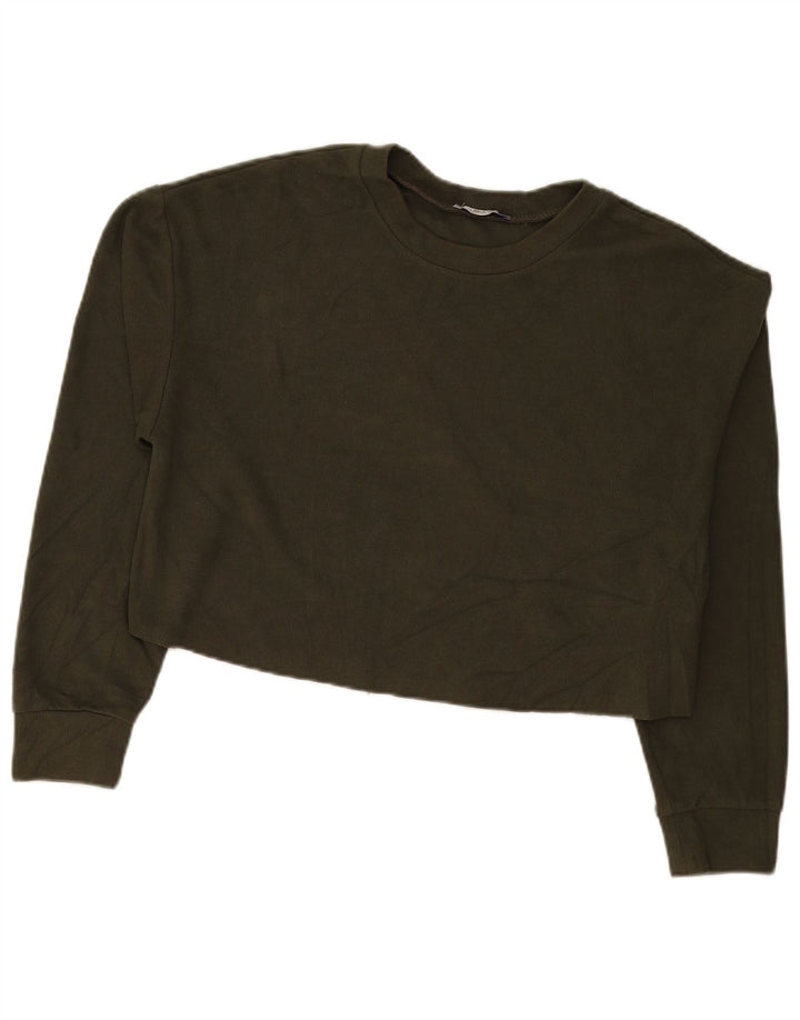 Zara Womens Crop Oversized Top Langærmet UK 14 Medium Khaki Bomuld