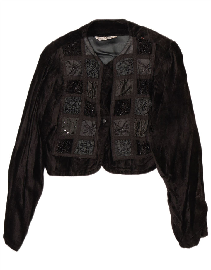Vintage Kvinder Velvet Bolero Jacket UK 12 Medium Black Patchwork