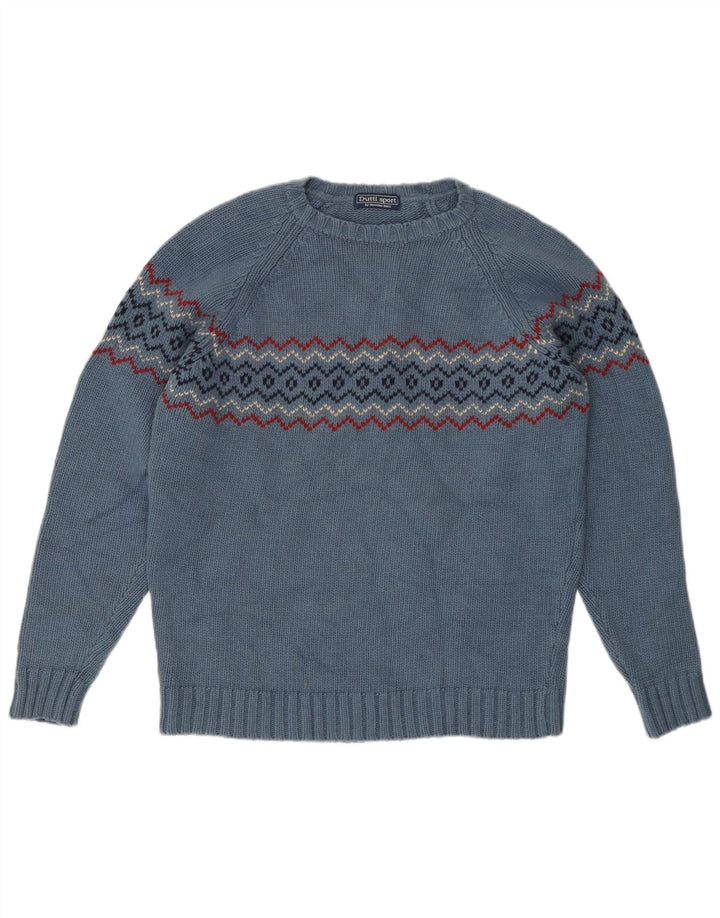 Massimo Dutti Herre Crew Neck Jumper Sweater Large Blue Fair Isle Wool