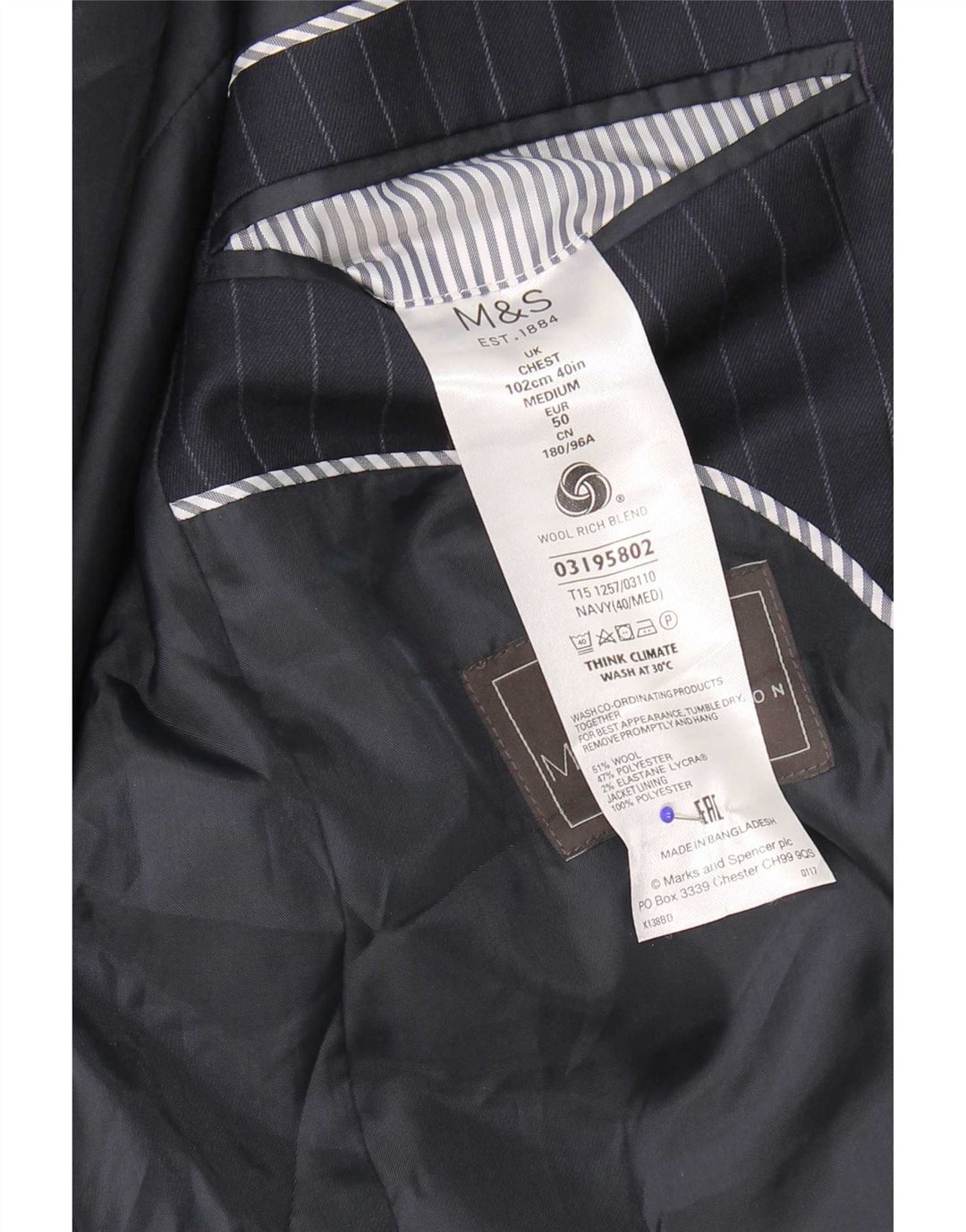 Marks & Spencer Herre Blazer Jacket UK 40 Medium Navy Blue Pinstripe