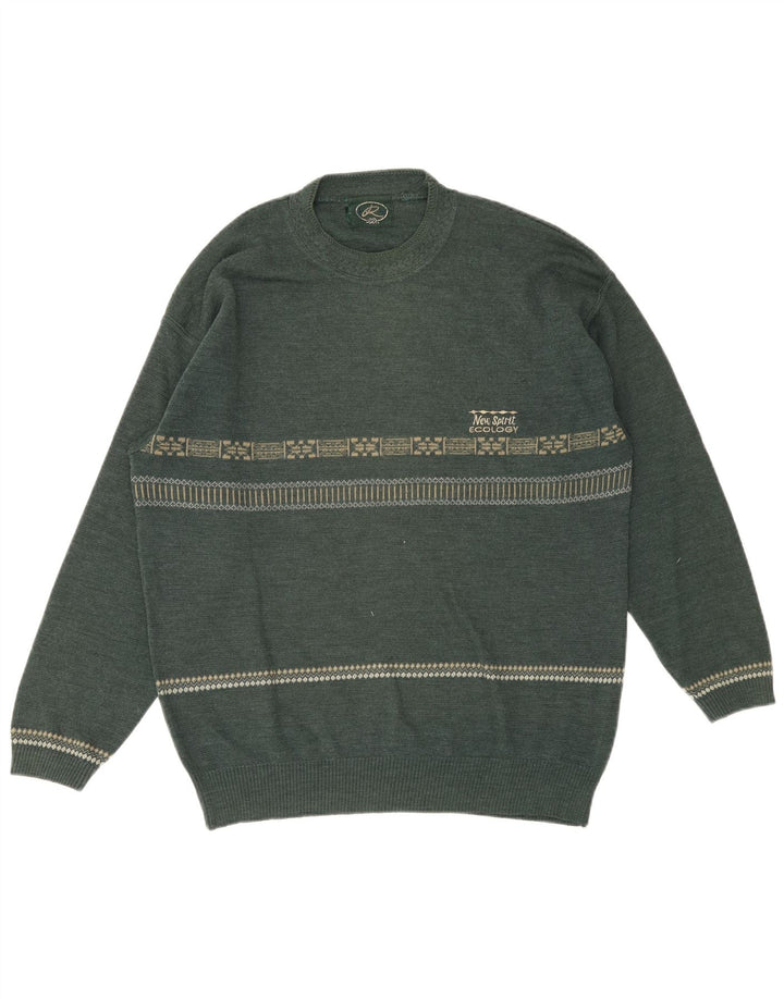 Vintage sweater med rund hals til mænd mellemgrøn geometrisk uld