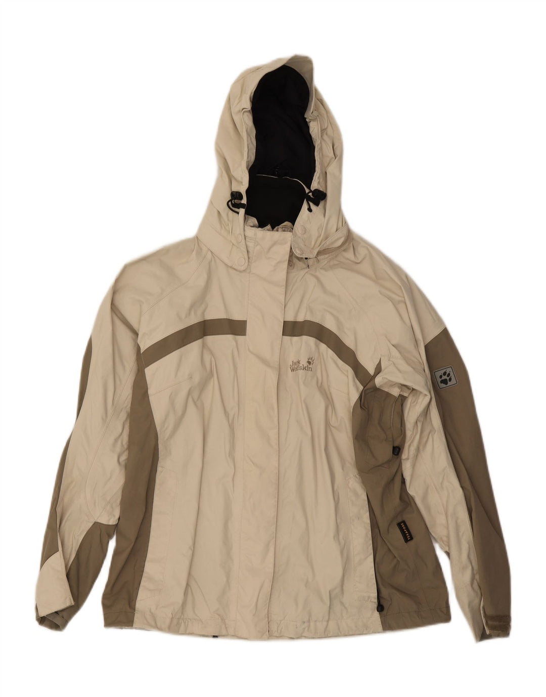 JACK WOLFSKIN Regnjakke med hætte til kvinder UK 16 Stor Beige Colourblock