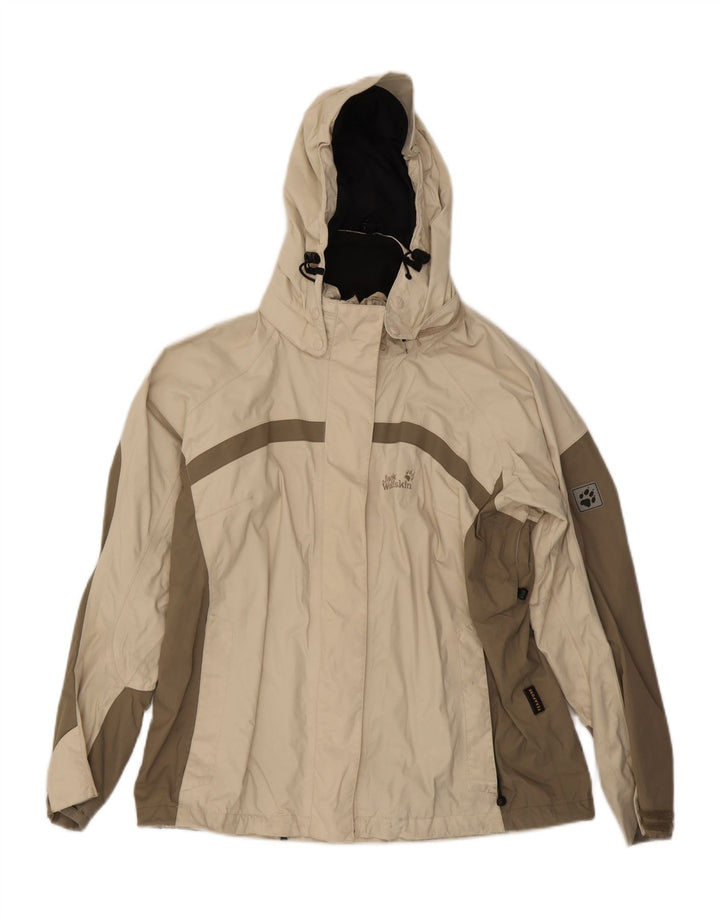 JACK WOLFSKIN Regnjakke med hætte til kvinder UK 16 Stor Beige Colourblock