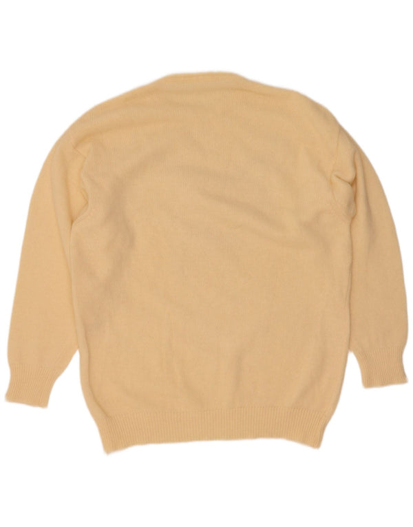 Vintage kvinders grafisk rund hals sweater UK 16 Stor gul uld