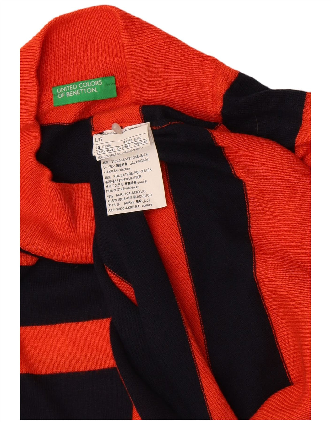 Benetton Dame Turtle Neck Jumper Sweater UK 16 Stor Orange Stribet