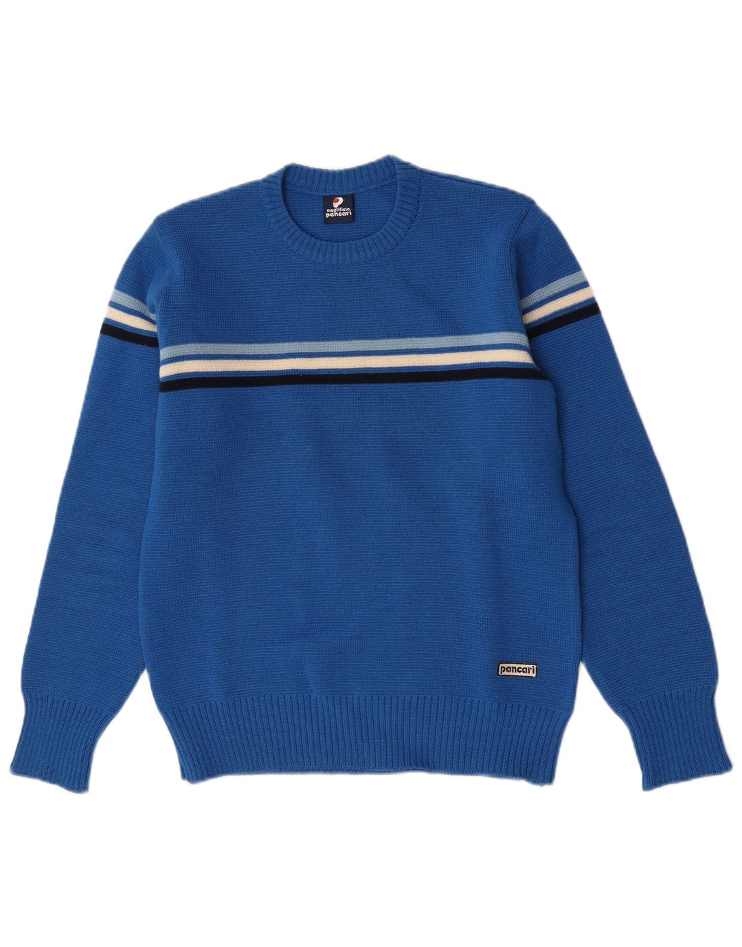 Pancari Herre Crew Neck Jumper Sweater IT 48 Lille Blå Stribet Virgin Wool