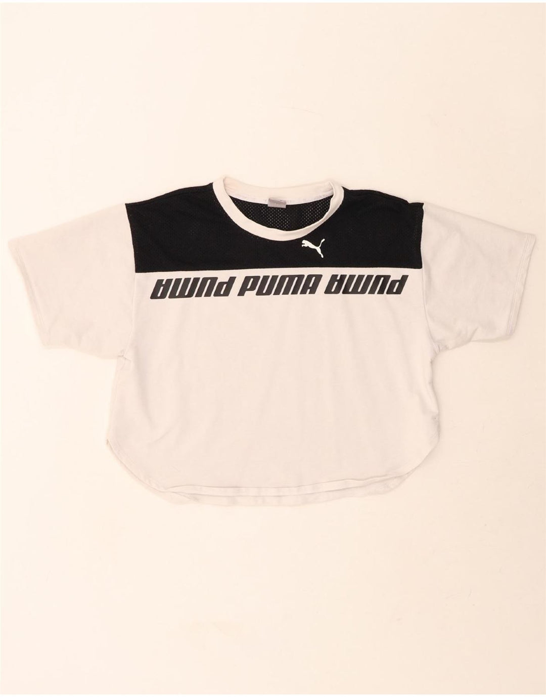 PUMA Womens Crop Graphic T-Shirt Top UK 14 Medium White Colourblock Vintage Puma and Second-Hand Puma from Messina Hembry 
