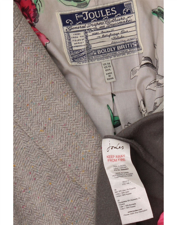 JOULES Womens 1 Button Blazer Jacket UK 14 Large Grey Herringbone Cotton Vintage Joules and Second-Hand Joules from Messina Hembry 