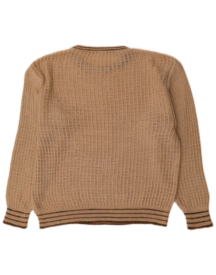 Vintage Herre Boat Neck Jumper Sweater Medium Beige Stribet