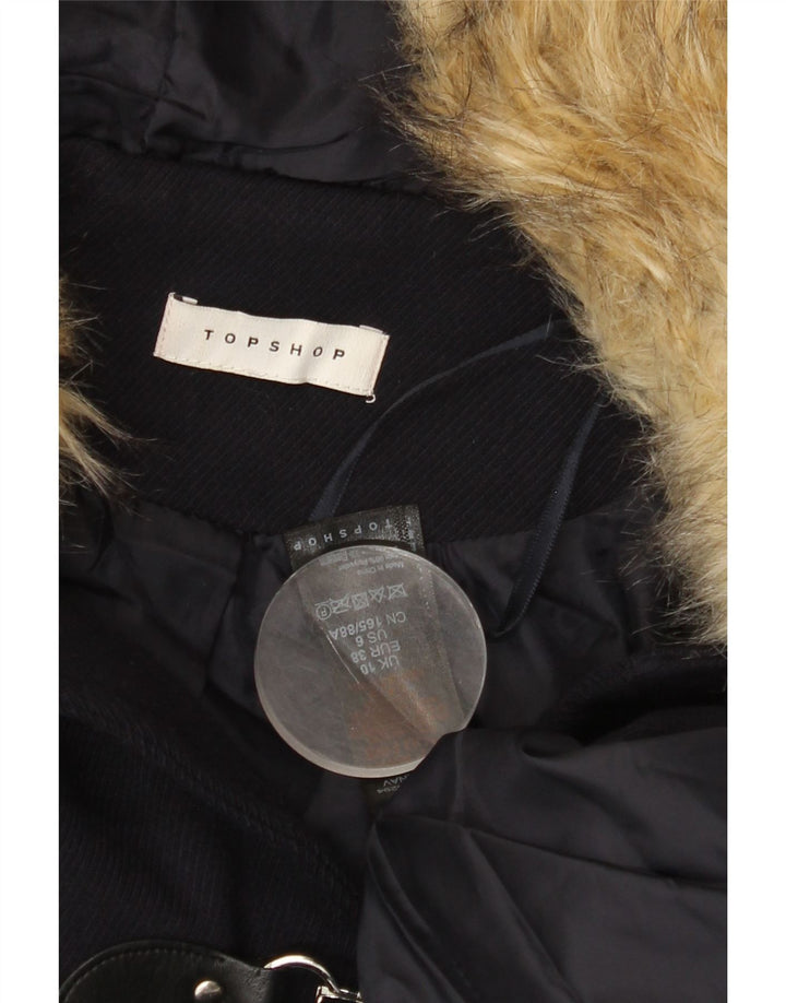 TOPSHOP Womens Hooded Duffle Coat UK 10 Small  Navy Blue Modacryl