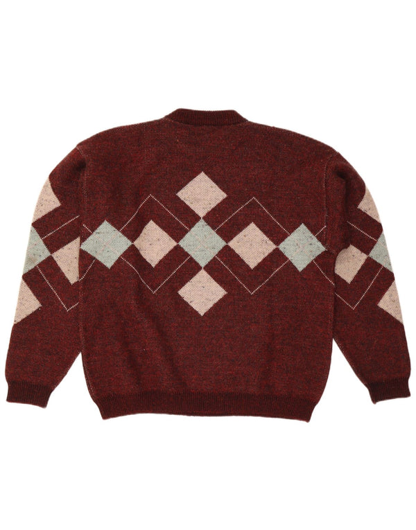Vintage Herre Crew Neck Jumper Sweater Large Burgundy Argyle/Diamond