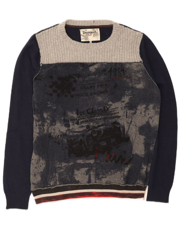Desigual Mens Graphic Crew Neck Jumper Sweater Small Navy Blue Colourblock