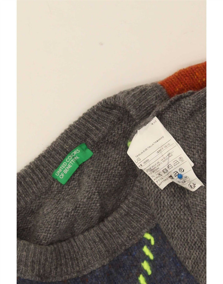 Benetton Herre Crew Neck trøje Sweater Large Grå Colourblock Uld