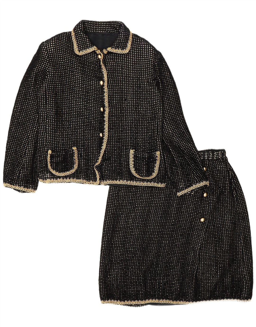 Vintage kvinders 2-delt nederdel Sæt UK 14 Medium W30 Sort Geometrisk