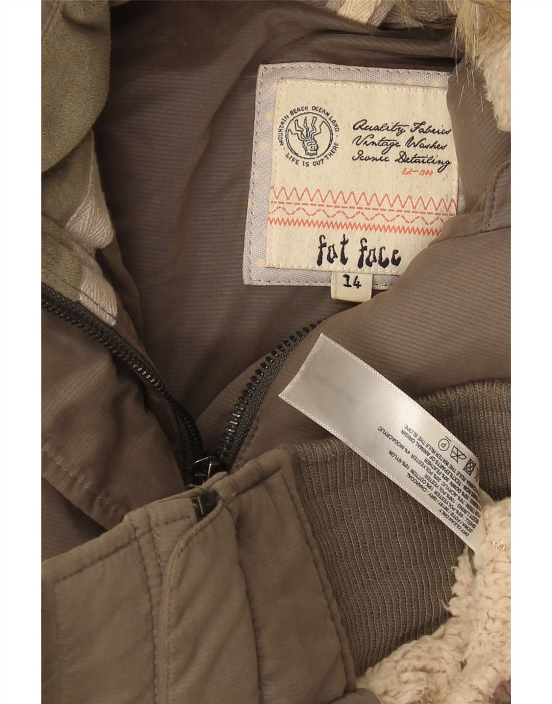 Fat Face Dame Hætte Polstret Jakke UK 14 Medium Khaki Polyester