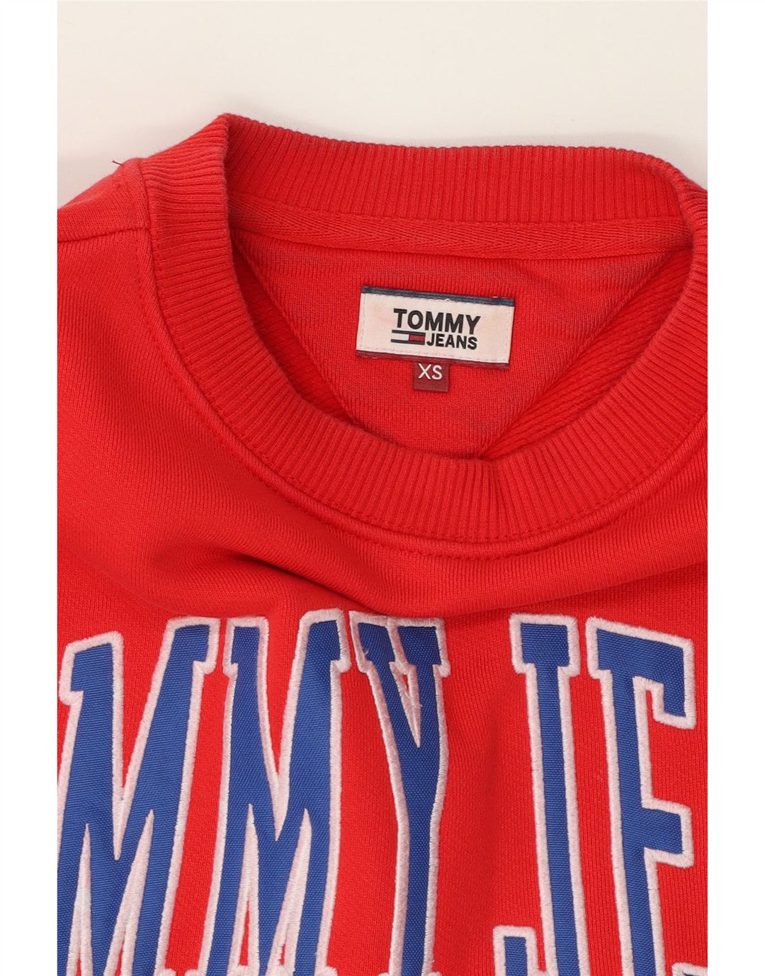 TOMMY HILFIGER Womens Graphic Oversized Sweatshirt Jumper UK 6 XS Red Vintage Tommy Hilfiger and Second-Hand Tommy Hilfiger from Messina Hembry 