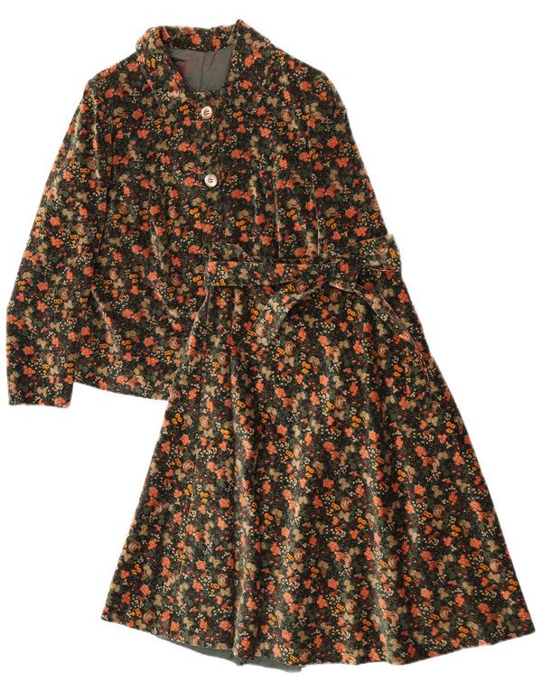 Vintage kvinders fløjl 2-delt nederdel Sæt UK 12 Medium W25 Grøn blomster