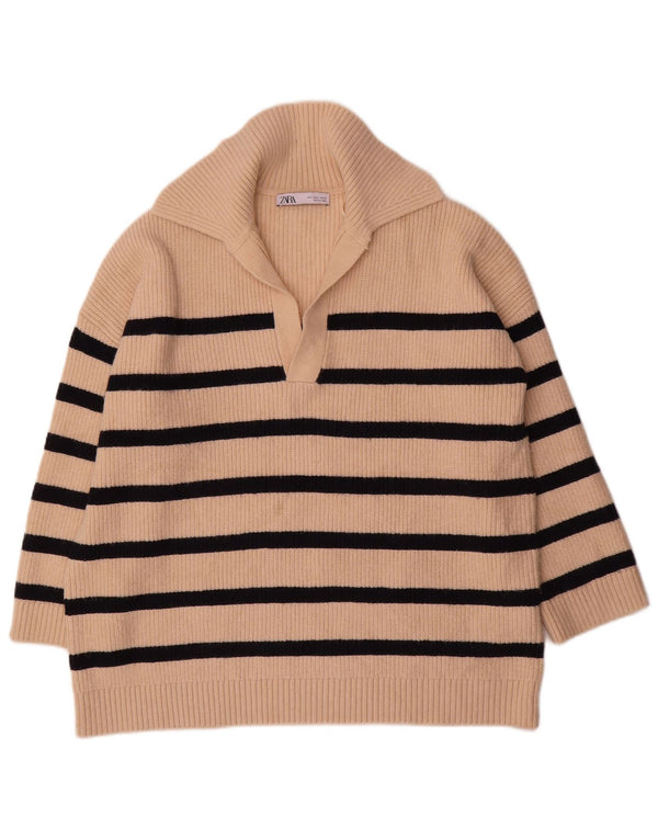 Zara Dame Oversized Polo Neck Jumper Sweater UK 16 Stor Beige Stribet