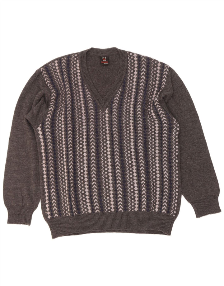 Rinaldi Herre V-hals sweater mellemgrå geometrisk uld
