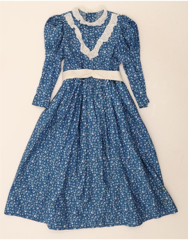 Vintage Dame Langærmet Maxi Kjole UK 10 Small Blue Floral