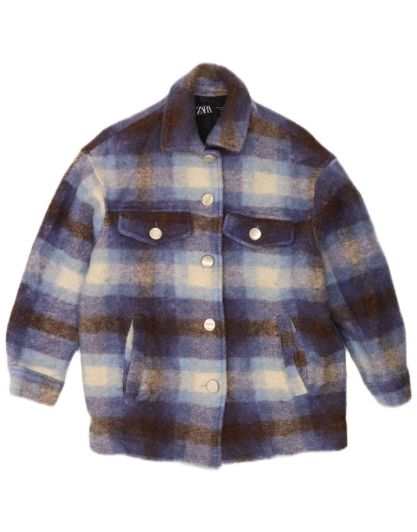 Zara Dame Oversized Shacket Jacket UK 6 XS Blå Plaid Uld