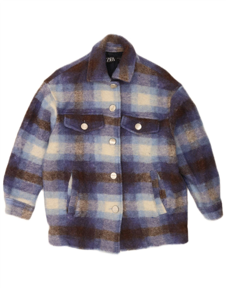 Zara Dame Oversized Shacket Jacket UK 6 XS Blå Plaid Uld