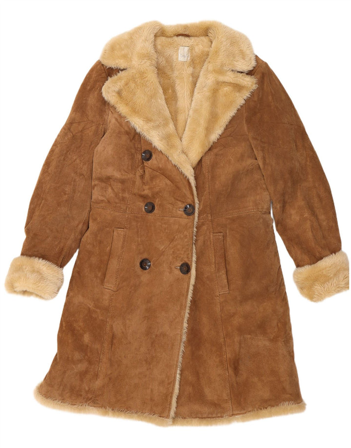 Camaieu Dame Double Breasted Shearling Coat UK 14 Large Beige Læder