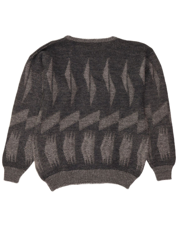 Vintage Mens Crew Neck Jumper Sweater Large Grey Geometric